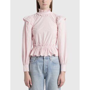 Ganni Women’s Top Pink Cotton Poplin Blouse Ruffled Cropped Size 36 Small
